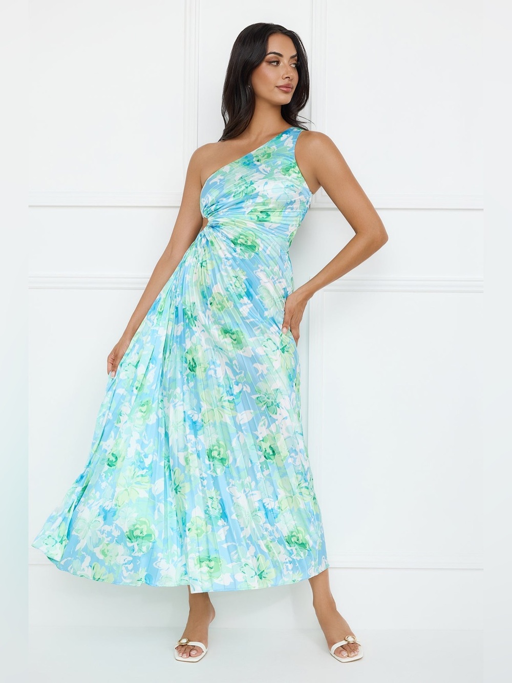 Hello Molly Emerald ice floral satin pleated cutout maxi dress